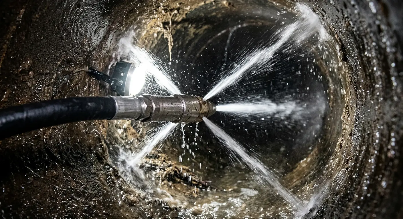 High-pressure hydro jetting nozzle cleaning sewer pipe for Storm Drain Cleaning in Platteville