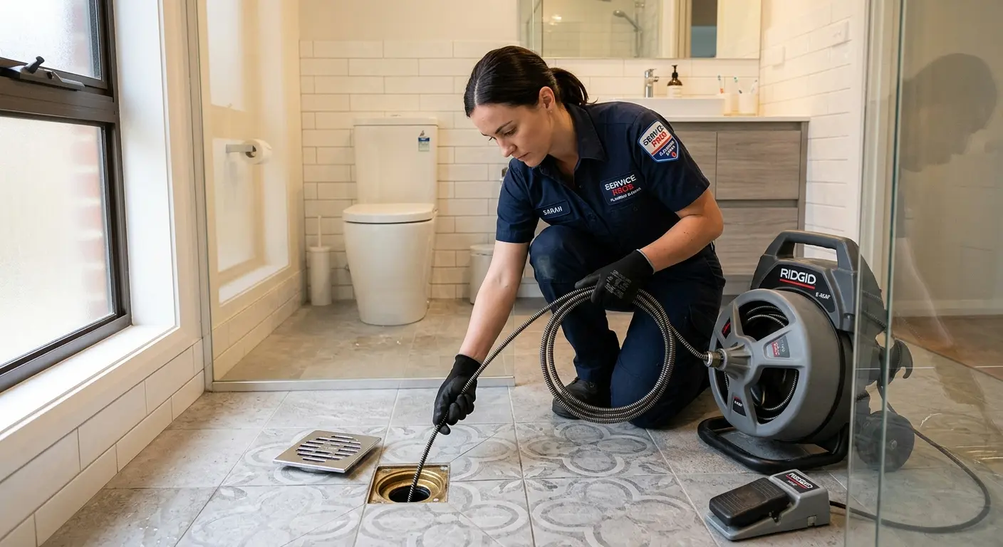 Technician clearing a bathroom floor drain for Sewer Line Replacement in Platteville